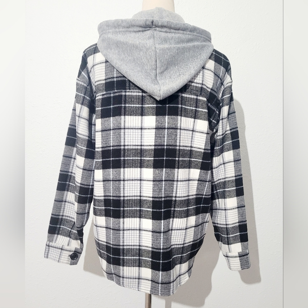 Women’s Plaid Hooded Shacket Jacket Button Up Gray Black Size Medium - Picture 6 of 11
